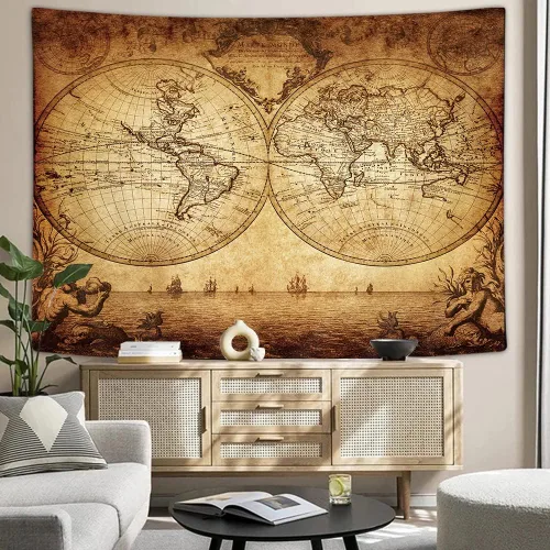 Vista 3 de JAWO Tapiz vintage antiguo de mapa del mundo, mapa náutico retro de doble hemisferio para colgar en la pared, mapa del mundo antiguo, arte de pared