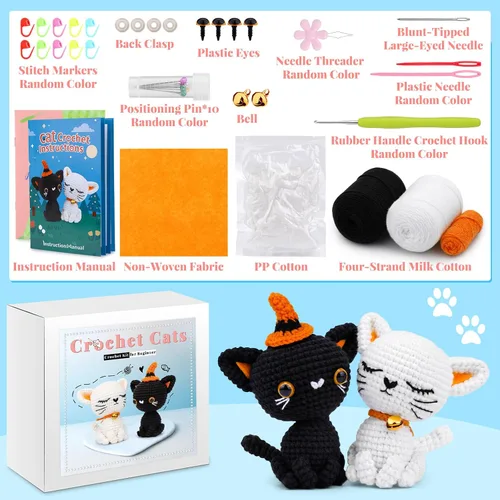 Vista 2 de Pnytty Kit de ganchillo para principiantes, kit de animales de ganchillo, kit de 2 piezas de ganchillo para principiantes de gatos, kit de tejer