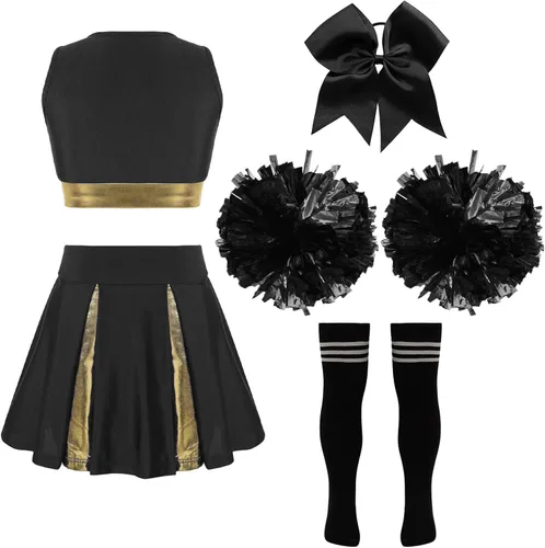 Vista 2 de Disfraz de baile de animadoras juveniles, uniforme de animadora, vestido corto con falda plisada y pompones