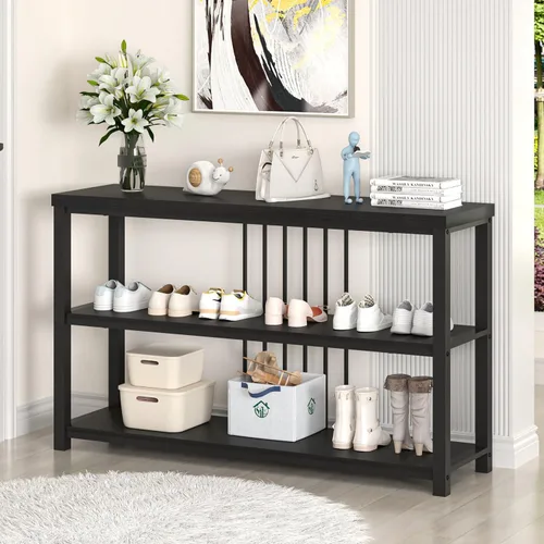 Vista 6 de FOLUBAN Mesa de entrada, moderna mesa consola de sofá con estante de almacenamiento de 3 niveles para sala de estar, pasillo, vestíbulo, roble negro