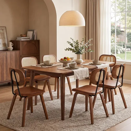 Vista 12 de Juego de 2 sillas de comedor de ratán, asiento de piel sintética Beige/Negro