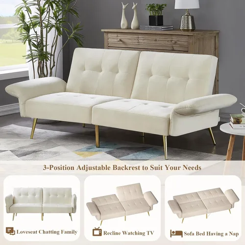 Vista 3 de Anwick Sofá cama futón convertible de terciopelo de espuma viscoelástica, sofá cama moderno de dos plazas con respaldo y reposabrazos ajustables