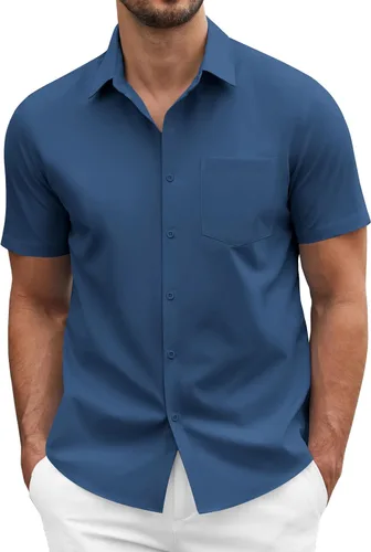 Vista 13 de COOFANDY: camisa casual de manga corta con botones para hombre, de negocios, sin doblar con bolsillo