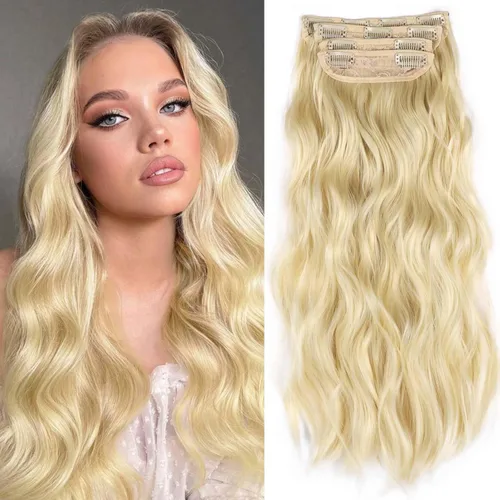 Vista 17 de 4 piezas de extensiones de cabello rizado con clip, color dorado oscuro, mezcla de rubio beige, sintético de 20 pulgadas de largo, extensiones