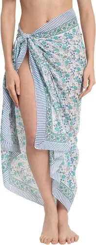 Vista 28 de parihan Traje de Baño Pareo de Playa Sarong Cubiertas para Mujeres - Falda Envolvente con Estampado a Mano Zafiro azul