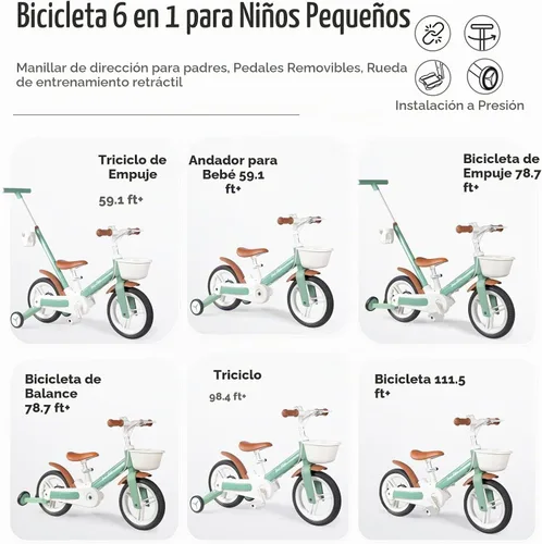 Vista 3 de Bicicleta de equilibrio 6 en 1 para niños pequeños con mango de empuje y Verde