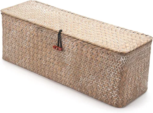 Vista 3 de Cesta de Almacenamiento de Seagrass Blanqueado con Tapa Tejida para Rollos de Papel Higiénico con Secciones Rectangular para Organizar Snacks