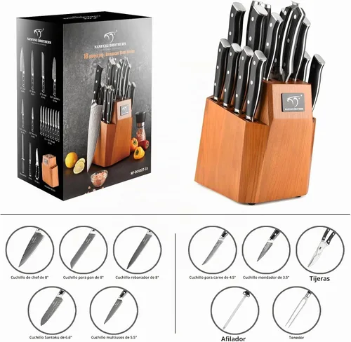 Vista 9 de Juego de cuchillos de cocina, juego de cuchillos de cocina de Damasco de 18 piezas con bloque, mango ergonómico de ABS para juego de cuchillos