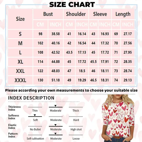 Vista 5 de Camisas de negocios para mujer, manga 34, estampado de día de San Valentín, cuello redondo, ropa de moda, camisas de vacaciones para mujer