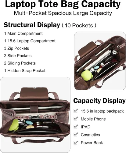 Vista 7 de FADEON Bolsos cruzados para mujer y bolso de mano para laptop, colección marrón