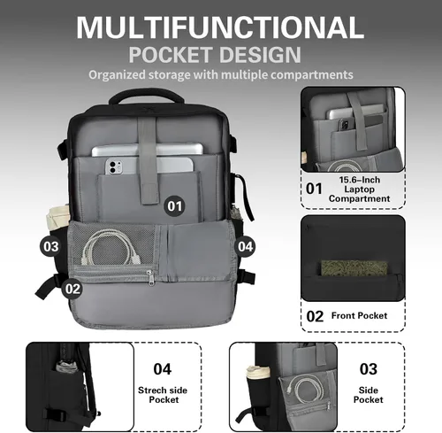 Vista 4 de Mochila de cabina para mujeres y hombres – Aprobada por aerolíneas, tamaño para debajo del asiento, compartimento para portátil de 15.6", apertura