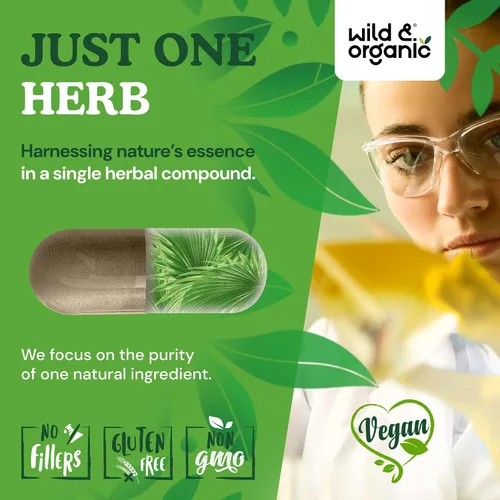 Vista 5 de Wild & Organic Cápsulas Saw Palmetto de 500 mg - Soporte del tracto urinario para hombres y mujeres - Suplemento en polvo de palma enana pura