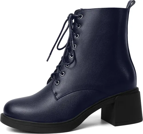 Vista 2 de ROSERWISH Botas altas de tacón bajo y grueso para mujer, con cordones, cómodas, modernas, con puntera redonda, de 2.5 pulgadas