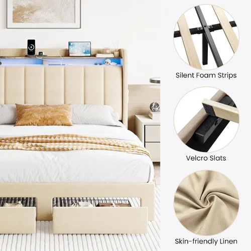 Vista 9 de SHA CERLIN Base de cama de plataforma de tamaño matrimonial con cabecera de canal vertical copetuda y 2 cajones de almacenamiento, estantes de 2
