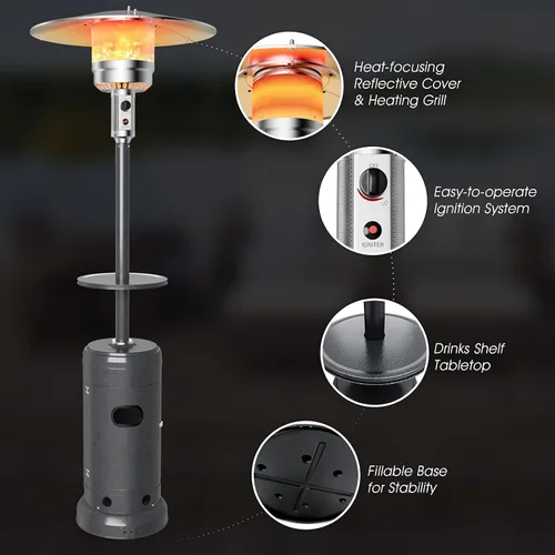 Vista 9 de COSTWAY - Calentador de patio de 50,000 BTU con propano, con estante para bebidas en la mesa, ruedas, sistema de encendido simple y depósito