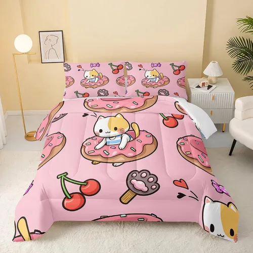 Vista 32 de QOOMO Edredón floral de gato tamaño Twin, juego de ropa de cama de gato rosa para niños, adolescentes y niñas, juego de ropa de cama de 3 piezas