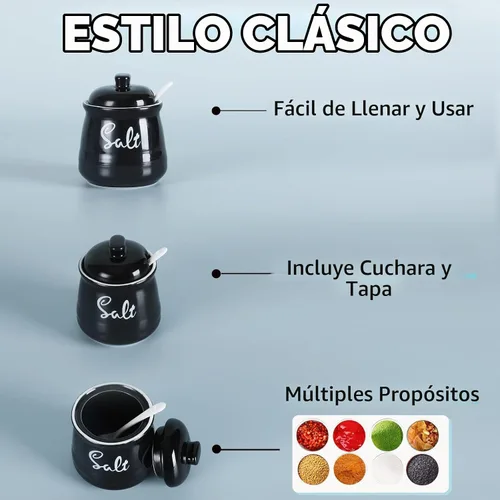 Vista 7 de Cuenco de sal de porcelana con tapa y cuchara de 12 onzas, fácil de limpiar (negro)