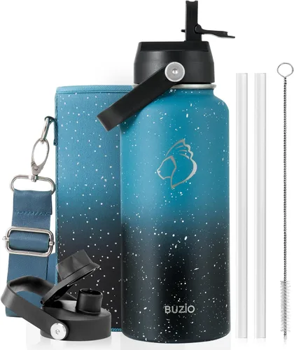 Vista 104 de BUZIO Botella de agua aislada de 24 oz, frasco de agua de boca ancha de acero inoxidable con tapa de pajita, frío durante 48 horas a prueba de Negro