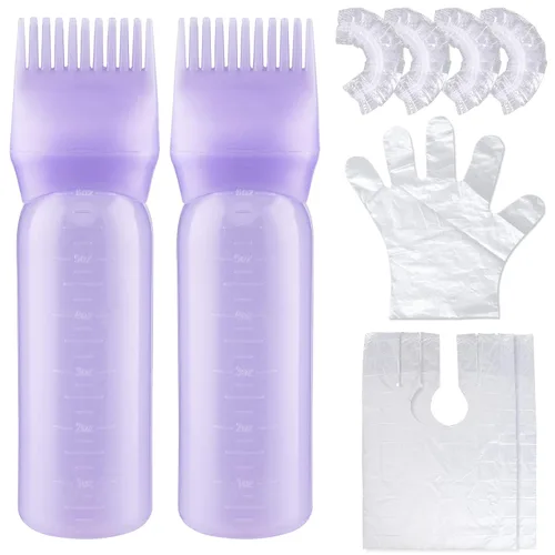 Vista 7 de Cosywell Botella aplicadora de peine de raíz, 6 onzas, paquete de 2 cepillos aplicadores de tinte para el cabello con escala graduada (rosa)