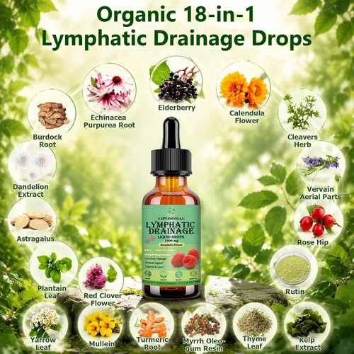 Vista 2 de Gotas de drenaje linfático liposomal Soporte del sistema linfático herbario 18 en 1 w. Echinacea Elderberry Dandelion Burdock Root Cleavers for