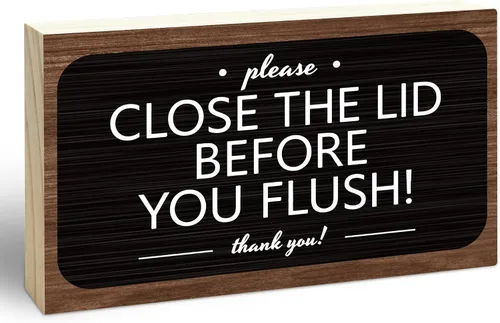 Vista 11 de 3x5 Bathroom Wooden Block Sign, Please Close Lid Before Flushing, Black