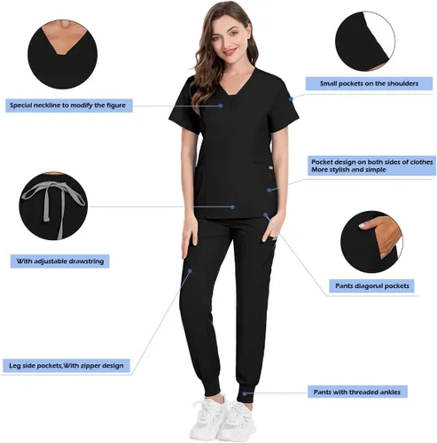Vista 4 de niaahinn Conjunto de traje médico para mujer, moderno con cuello en V, pierna con cordón, pantalones deportivos, uniformes médicos de enfermería