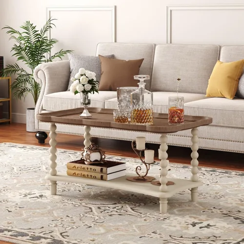 Vista 6 de Function Home - Mesa de centro de granja, mesa rústica blanca de estilo francés con estante de almacenamiento, mesas de centro de madera para sala
