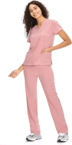 Vista 7 de COZYFIT Scrubs for Women Set - V-Neck & Straight Leg Pants with 9 Pockets Rosa