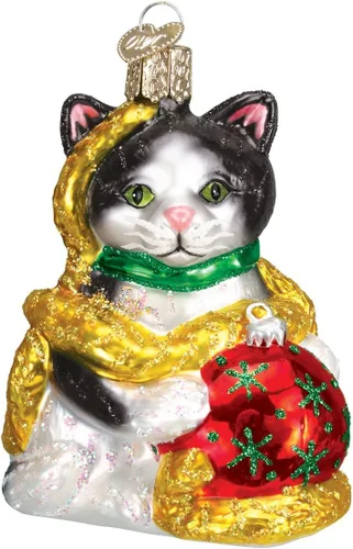 Vista 9 de Old World Christmas - Adorno de gato calico de vidrio soplado para árbol de Navidad, decoración festiva hecha a mano, colección de gatos