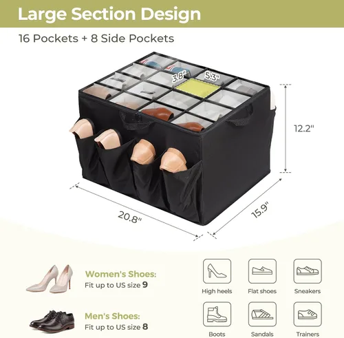 Vista 2 de Organizador de zapatos para armario, solución de almacenamiento de zapatos con cubierta transparente y separadores ajustables, caja de zapatos