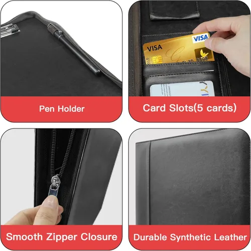 Vista 6 de Organizador de Portafolio con Cremallera, WRIYES Portafolio de Cuero con Carpeta de 3 Anillas, Carpeta Profesional de Negocios, Organizador