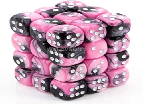 Vista 2 de DND - Juego de dados Chessex D&D de 0.472 in, juego de dados poliédricos de plástico Géminis, color negro, rosa y blanco, dados de mazmorras