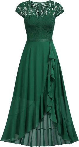 Vista 3 de Miusol - Vestido largo elegante para mujer, con volantes, encaje y cuello en V, ideal para damas de honor