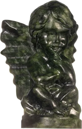 Vista 11 de Nupuyai Estatua de cabeza de perro de jade verde natural para decoración de oficina en casa, figura de animal tallada curativa, escultura
