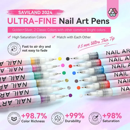 Vista 5 de SAVILAND Juego de 12 bolígrafos para arte de uñas, punta fina de 0.02 in