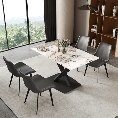 Vista 16 de Mesa de comedor moderna, mesa de comedor de piedra sinterizada blanca antigua con base de acero al carbono sólido en forma de X, mesa de comedor