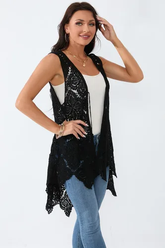 Vista 4 de Chaleco de encaje de ganchillo para mujer, estilo bohemio, sin mangas, kimono con dobladillo irregular