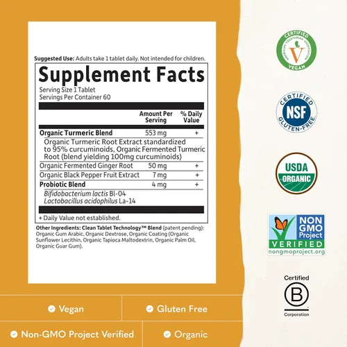 Vista 3 de Garden of Life Organics 60 tabletas para respuesta inflamatoria de cúrcuma extrafuerte 100mg de curcumina (95% curcuminoides)/pimienta
