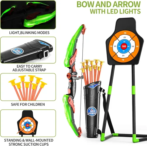 Vista 2 de TEMI Juego de arco y flecha para niños con luces LED, juego de tiro con arco con 10 flechas de ventosa, carcaj y objetivo de pie, juguetes al aire