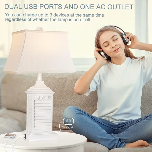 Vista 4 de Hamucd Juego de 2 lámparas de mesa para sala de estar, lámparas de mesita de noche blancas costeras para dormitorio con USB A+C modernas, salida