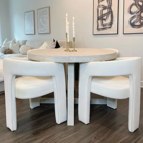 Vista 48 de Silla moderna de comedor en barril, silla de cocina acentuada tapizada en cuero sintético con brazos, silla lateral cómoda para sala de blanco