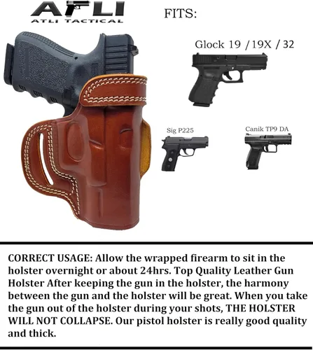 Vista 6 de OWB - Funda de cuero Glock 19 – Funda para panqueques para Glock 19 – Fundas Glock 19X – para Glock19 19X 32, Canik TP9DA, Sig P225 Pistolas – Funda