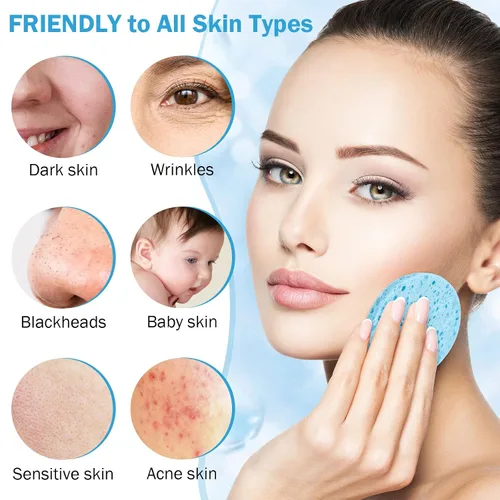 Vista 3 de Amyhill 300 esponjas faciales comprimidas, esponjas faciales naturales para limpieza, almohadillas exfoliantes faciales desechables para Azul