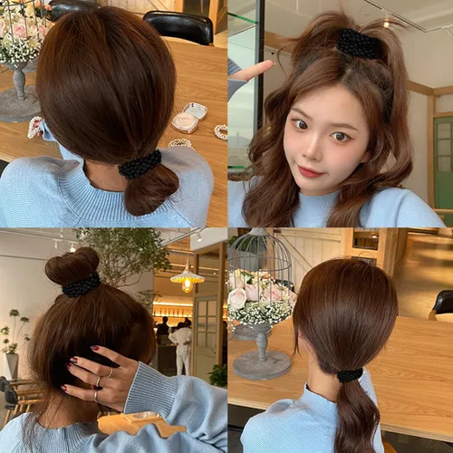 Vista 7 de 8 ligas para el pelo con perlas negras con cuentas elásticas de moda, coleteros elásticos para coleta de caballo con cuentas, elegantes y elegantes