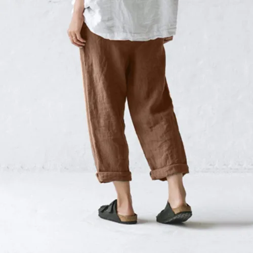 Vista 2 de JOFOW Pantalones para mujer de lino sólido Casual largo recto pierna pantalones