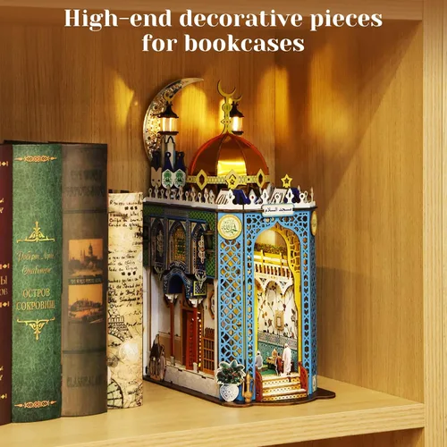 Vista 4 de Kit de Rincón de Libros DIY, Rompecabezas de Madera 3D Mezquita en Miniatura Booknook Sujetalibros Decoración de Estantería con Luz LED, La Casa