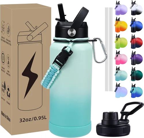 Vista 19 de Botella de Agua Aislada, botellas de agua de boca ancha de acero inoxidable de 32 onzas con 2 tapas a prueba de fugas y mango de paracord, botella