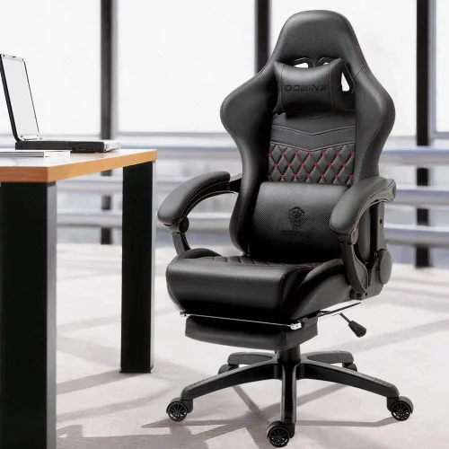 Vista 2 de Dowinx Silla de juegos grande y alta, silla de juego ergonómica para adultos con reposapiés y soporte lumbar de masaje, respaldo alto, silla de Negro
