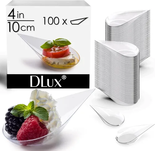 Vista 2 de DLux 100 mini platos para aperitivos en forma de lágrima de 4 pulgadas, cucharas de plástico transparente reutilizables - platos para postres