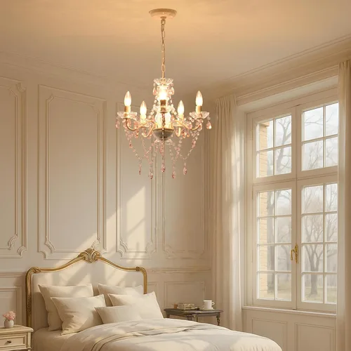 Vista 9 de Lámpara pequeña rosa y blanca para dormitorio de niñas, lámpara de techo moderna de cristal acrílico de 5 luces, mini candelabro para habitación